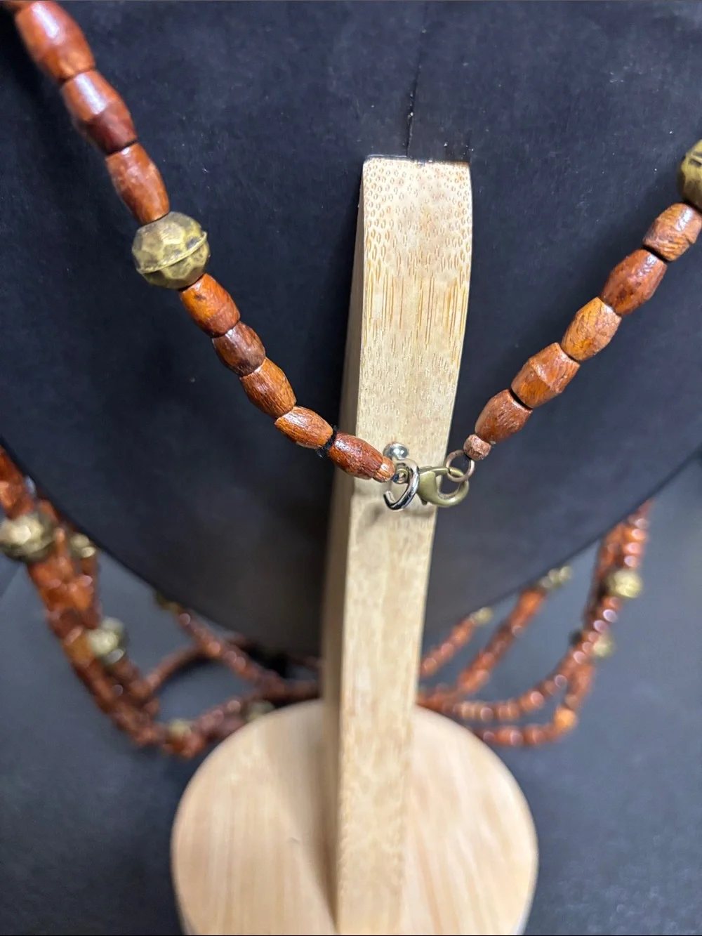 Layered Boho Brown Wooden Bead Necklace with Brass Accents